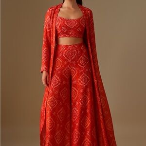 House of Indya Red Organza Printed Wide-Leg Pants & Crop Top Set indian